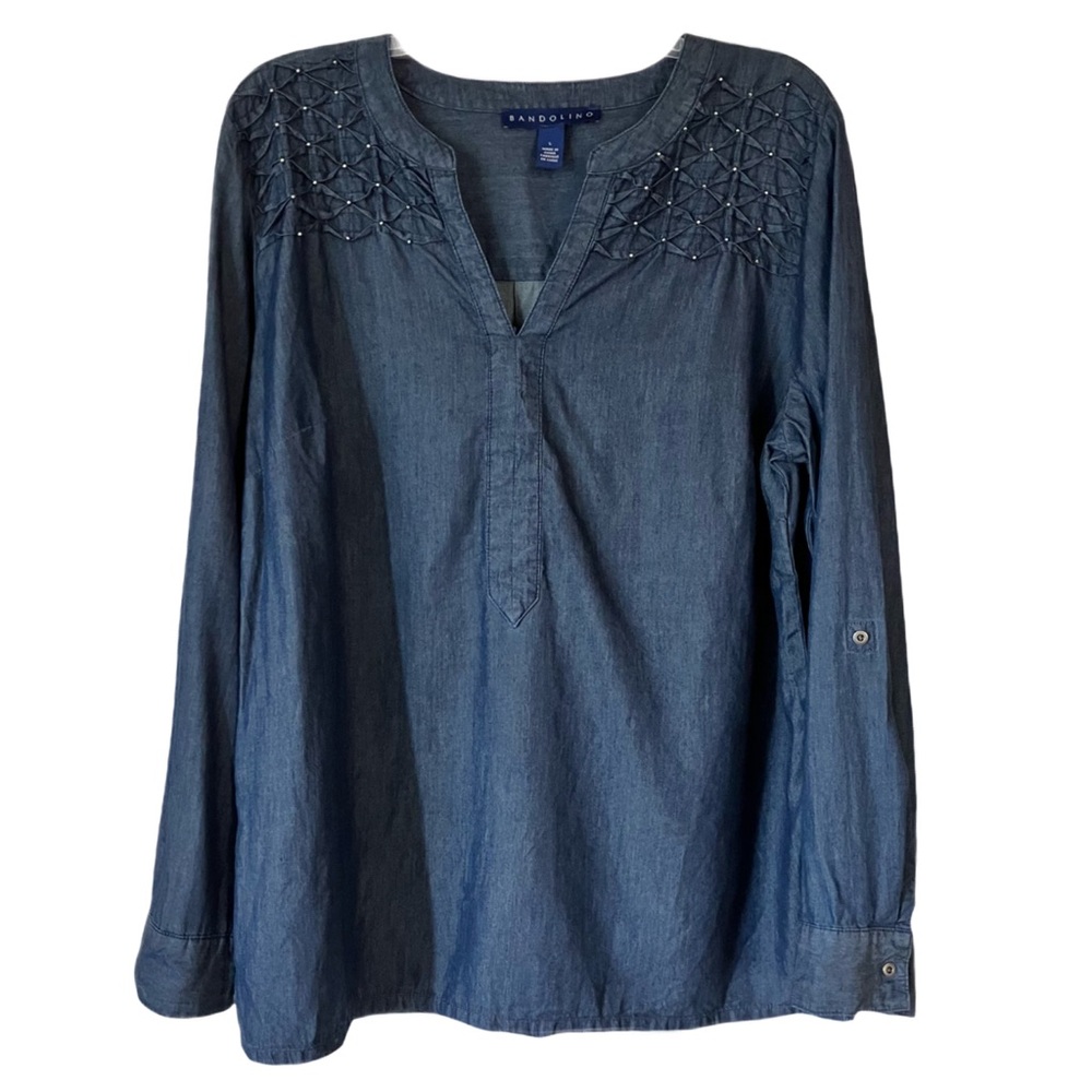 Bandolino Cotton Denim Blue Tunic, Sz. L, Bead & Crisscross Accent on Yoke